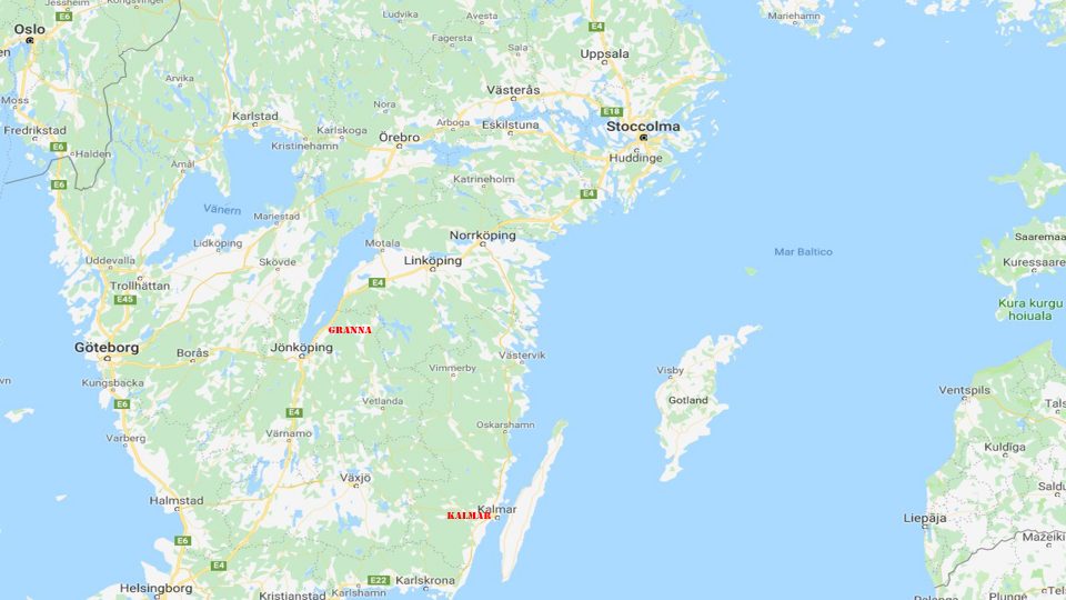 Granna e Kalmar. Mappa della zona compresa tra Stoccolma e Granna e Kalmar.